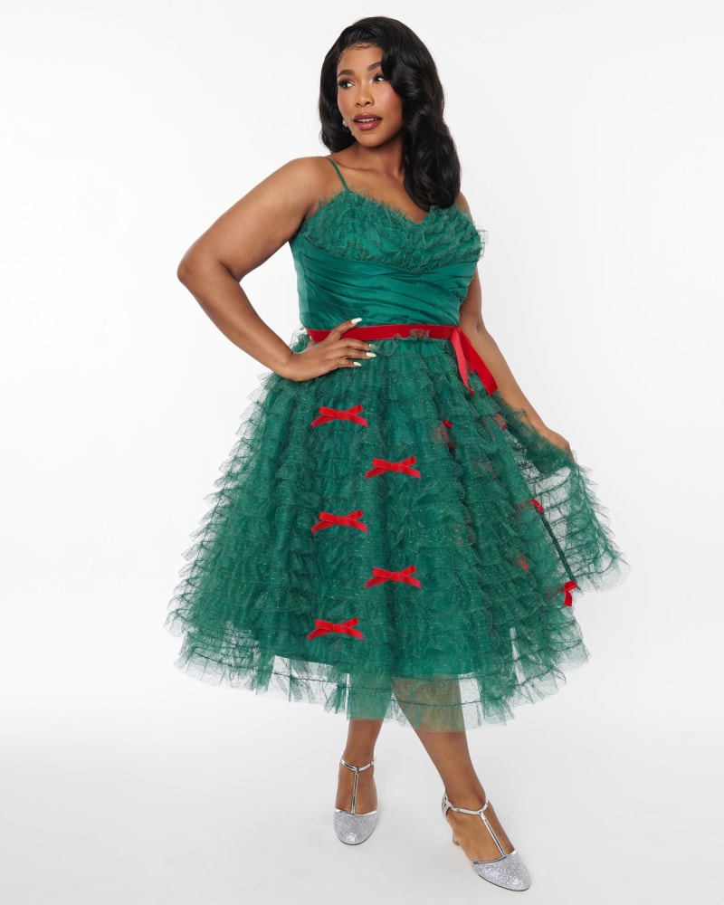 Front of a model wearing a size 2X Unique Vintage Emerald Green & Red Ribbon Tulle Cupcake Swing Dress in Green & Red Ribbons by Unique Vintage. | dia_product_style_image_id:316997